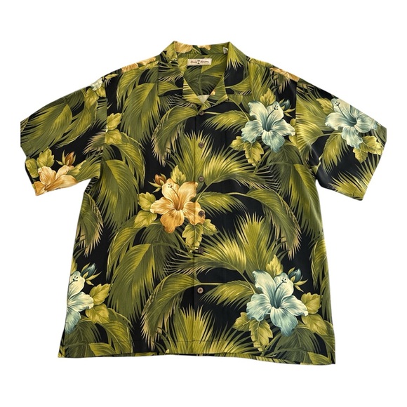Tommy Bahama Other - Tommy Bahama Silk Shirt Green Mens XL Tropical Hawaiian Palms Floral Embroidered